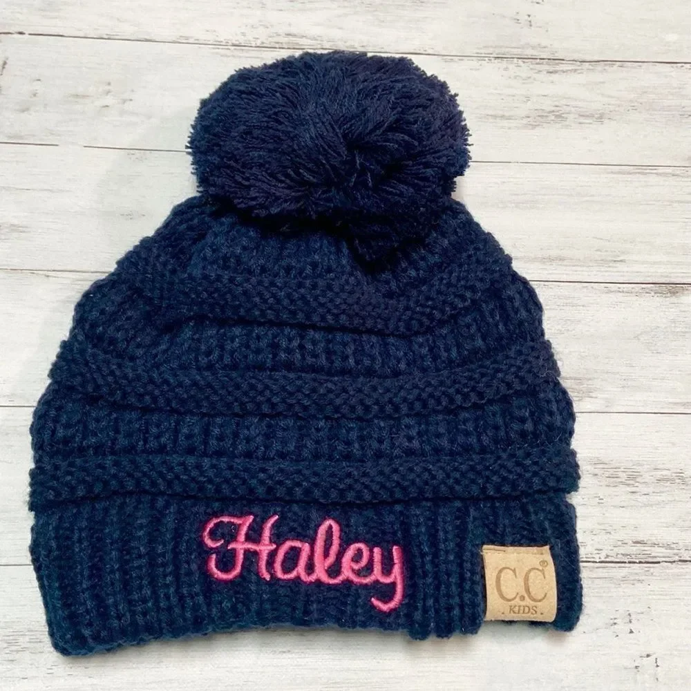 New Navy Monogrammed Haley Pom Pom Knit Hat from C.C Kids